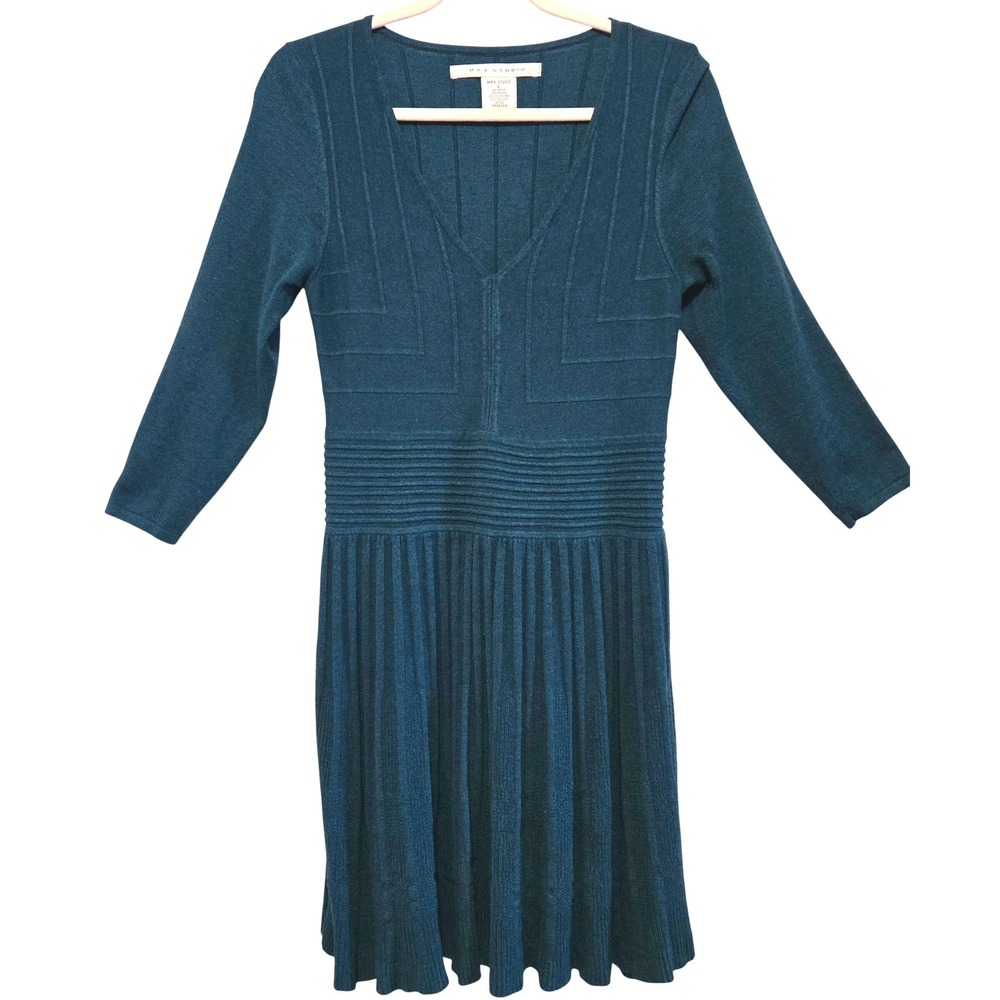 Max Studio, Dark Teal, Skater Cut, Textured Knit, A-Line Dress, Size Large